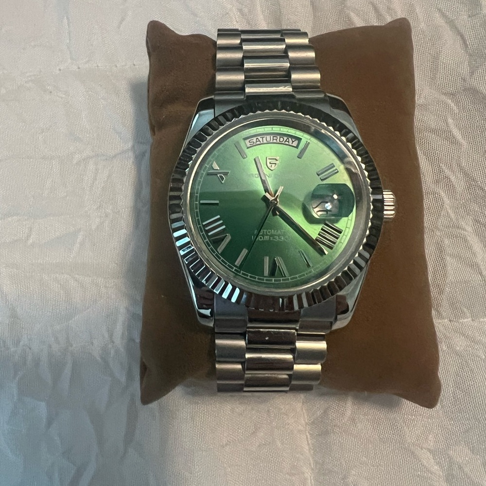 Men's Silver Watch with Green Dial